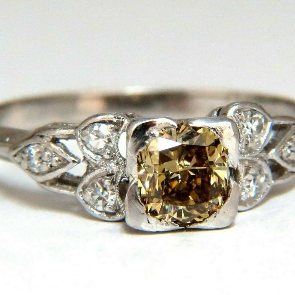 .60ct Natural Yellow Green Brown Diamond Vintage Gilt Ring Platinum*